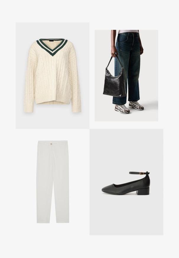 GAP CASHSOFT VARSITY CABLE TUNIC - Camisola - white; Calças brancas, ajustadas, com um design de perna reta, apresentando um fecho de botão, passantes para cinto e bolsos laterais; textura de tecido suave.; Sandal de pele preta com bico pontiagudo e um salto bloco baixo. Apresenta uma tira no tornozelo com uma fivela em tom dourado. Textura suave.; Bolsa de ombro em couro preto com textura suave e alça ajustável, combinada com jeans de perna larga desbotados e ténis desportivos.