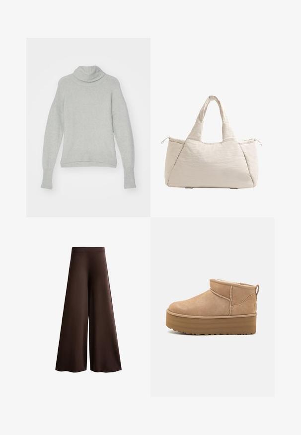 Svetar svetlo sive barve s turtleneck izrezom in rebrastimi manšetami. Mehak, teksturiran pleten material, spuščena ramena in zasnova sproščenega kroja.; Svetlo rjavi široki hlače iz mehke tkanine, s visokim pasom, subtilno teksturo in tekočo silhueto brez vidnih zapiral ali okrasnih elementov.; Bež zamatne gležnjarje s puhastim notranjim delom, ki imajo platformo in zanka na hrbtni strani za enostavno obuvanje. Teksturiran gumen podplat.; Bežna kvačena torba s dvema ročajema, zaobljena oblika, teksturirana tkanina in žep na vrvico na strani. Gladka površina, minimalisticni dizajn.