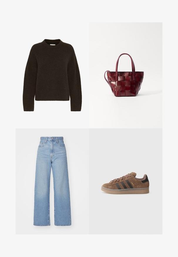 Bruine gebreide trui met een ronde hals en lange mouwen, met een geribbelde structuur aan de zoom en mouwen. Zacht en comfortabel materiaal.; Lichtblauwe high-waist wijde jeans met een knoop- en ritssluiting aan de voorkant, voor- en achterzakken, op een witte achtergrond.; Bruine suède sneaker met drie donkere strepen, een gestructureerde vetersluiting aan de voorkant en een contrasterende zwarte hiel. Voorzien van een rubberen zool en gouden merkdetails.; Geweven bordeaux leren tote bag met twee korte handvatten en een afneembare schouderriem. Heeft een gestructureerde vorm en een gladde textuur.