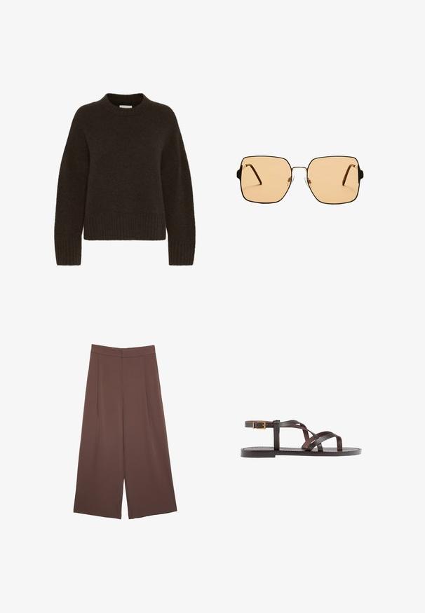 Rjav pleten pulover z okroglo ovratnikom in dolgimi rokavi, z rebrasto teksturo na robu in manšetah. Mehka in prijetna tkanina.; Rjave široke hlače z gladko teksturo, ki imajo visok pas in sprednje naborke. Tkanina je lahka in prosto pada.; Rjav usnjen sandal z načinom prečnega črta, zaklepom okoli gležnja in ravnim podplatom z minimalnimi šivi.; Kvadratne sončna očala z rjavimi lečami in tankim črnim kovinskim okvirjem. Imajo poševne ušesne dele in nastavljive nosne blazinice za udobje.