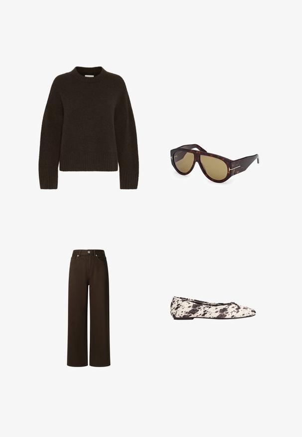 Maglione marrone lavorato a maglia con collo tondo e maniche lunghe, caratterizzato da una texture a coste all'orlo e ai polsini. Tessuto morbido e accogliente.; Pepe Jeans LEXA - Jeans a sigaretta - chocolate brown; Ballerine a pois bianchi e neri con un piccolo fiocco sulla punta arrotondata e tacco basso, mostrata di lato su uno sfondo bianco.; Tom Ford BRONSON - Occhiali da sole - dark havana; Mango Shopping bag - dark brown
