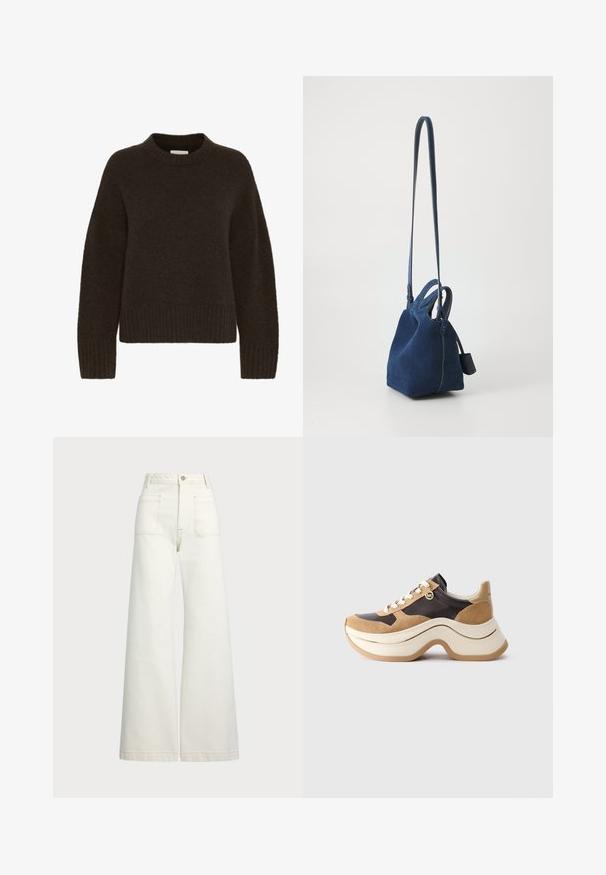 Rudas megztinis su apvaliu kaklu ir ilgomis rankovėmis, su šonkauline tekstūra apačioje ir rankogaliuose. Minkšta ir jauki medžiaga.; Plati kojinės džinsai of white denimo. Aukštas liemuo, su mygtuko uždarymu, dviem priekinėmis kišenėmis ir kontrastingai siuvinėjimu.; Kampinis sportinis batelis su storu padu, bežinės ir tamsiai rudos spalvos, su zomšos akcentais, baltais raišteliais ir mažu auksiniu MK žavesiu šone.; Žydros suedenos rankinė, su struktūrine forma, dviem viršutinėmis rankenomis ir ilgu, reguliuojamu diržu. Yra kontrastingi siūlai ir šoninė etiketė.