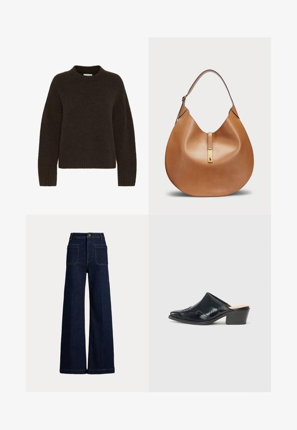 Brun stickad tröja med rund hals och lång ärm, med ribbat mönster vid nederkanten och ärmsluten. Mjuk och mysig kvalitet.; Bredbenta mörkblå jeans i denim med hög midja, femficksdesign och kontrasterande sömmar. Har en knappstängning och en strukturerad form.; Svarta lacklädermules med spetsig tå, en böjd design och en låg blockklack med dekorativ sömnad längs ovansidan.; Tan läderhandväska med en böjd form och ett brett axelband. Har en guldfärgad metallaccent i mitten och en slät yta.