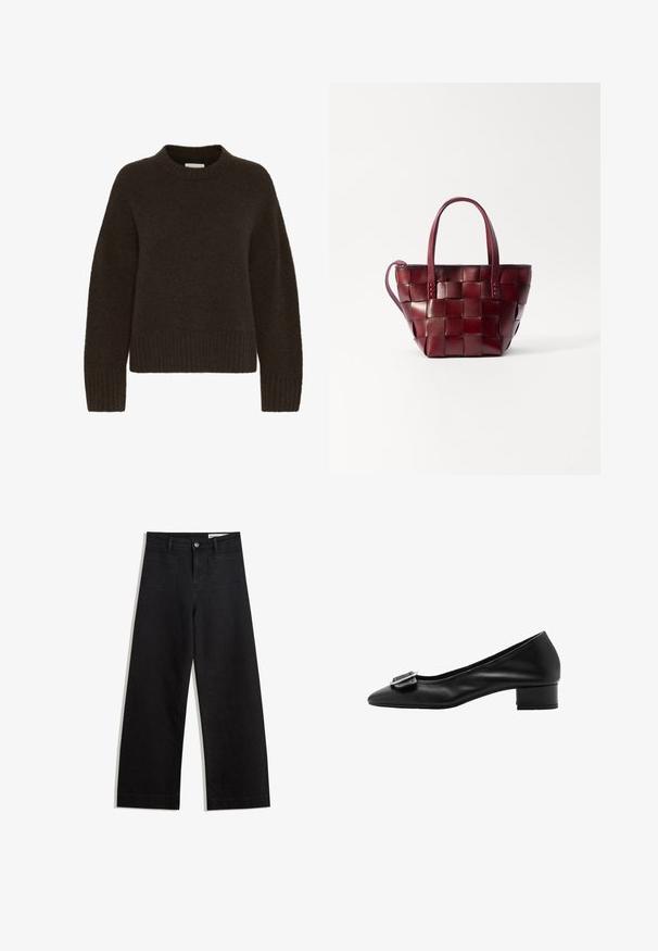 Maglione marrone lavorato a maglia con collo tondo e maniche lunghe, caratterizzato da una texture a coste all'orlo e ai polsini. Tessuto morbido e accogliente.; Pantaloni in denim neri a gamba larga con vita alta, dotati di tasche anteriori e posteriori, cuciture a punto, e chiusura con bottone. Texture liscia.; Pumps in pelle nera con punta affusolata, tacco basso a blocco e dettaglio decorativo con fibbia sul davanti. Texture liscia e design semplice.; Borsa a tote in pelle borgogna intrecciata con due manici corti e una tracolla rimovibile. Presenta una forma strutturata e una texture liscia.