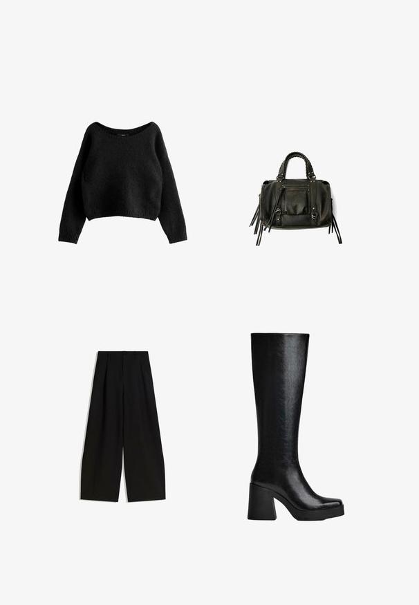 Zwarte cropped sweater gemaakt van een zachte, gestructureerde stof. Heeft een brede halslijn en lange, nauwsluitende mouwen met geribbelde boorden.; Zwarte wijde pijpen broek van gladde stof, met een hoge taille, plooien aan de voorkant en geen zichtbare versieringen of patronen.; Zwarte knie-hoge laars van gestructureerd synthetisch materiaal, met een vierkante neus, chunky hoge hak en een glad, gestroomlijnd oppervlak.; Zwarte lederen handtas met gevlochten handvatten, ritsvak en hangende franjes. Gelaagde oppervlakte met metalen studs en hardwareaccenten.