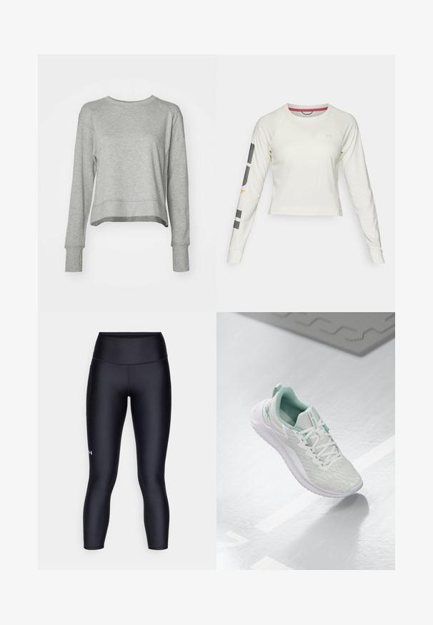 Šedý zkrácený svetr s dlouhými rukávy, vyrobený z měkké látky. Má jednoduchý design, kulatý výstřih a žebrované manžety.; Světle krémový dlouhý rukáv crop top s raglánovými rukávy, který má malé logo na hrudi a grafické akcenty na levém rukávu.; Černé legíny vyrobené z hladkého, elastického materiálu. Vysoký pas s těsným střihem a malým logem na levé noze.; Světle šedá sportovní obuv s texturovaným pleteným svrškem, mátově zelenými akcenty, bílými tkaničkami, gumovou podrážkou a poutkem na patě.