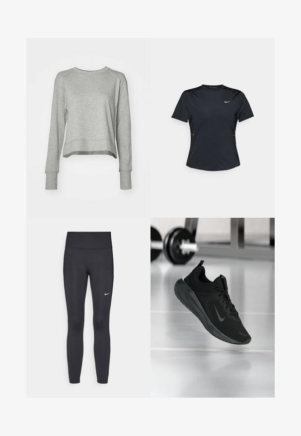 Sudadera gris recortada con mangas largas, fabricada en un tejido suave. Presenta un diseño sencillo, escote redondeado y puños acanalados.; Camiseta atlética de manga corta negra, hecha de un tejido ligero y que controla la humedad. Cuenta con cuello redondo y un pequeño logo de Nike en blanco en el pecho.; Leggings negras de tela elástica, con una cintura alta y un logo blanco de Nike en el muslo izquierdo. Textura suave, diseño ajustado.; Zapatilla deportiva negra con el logo de Nike, mostrada en el aire sobre el suelo del gimnasio, con un soporte de mancuernas desenfocado en el fondo.
