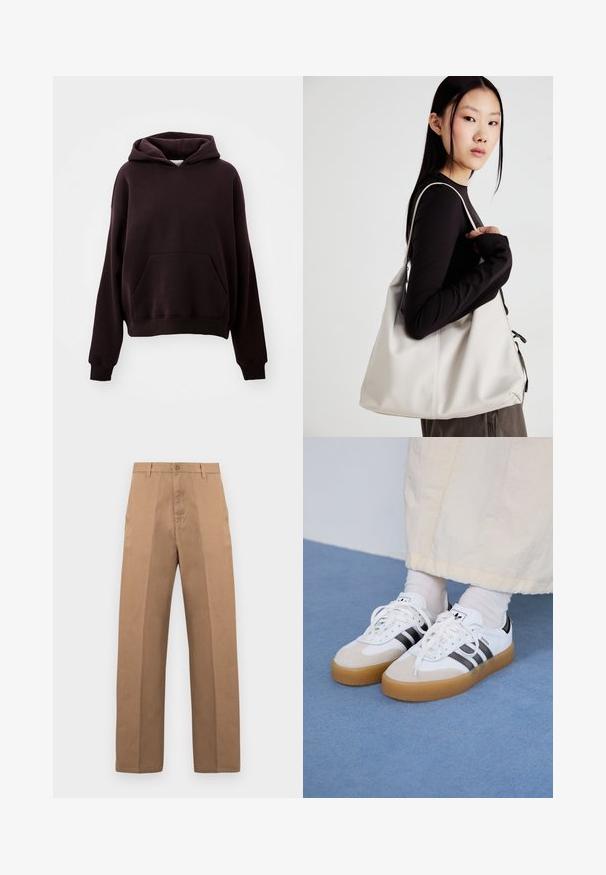 Tamsiai ruda gobtuvinė palaidinė su priekiniais kišeniais, plačiomis rankovėmis ir laisvu siluetu. Pagaminta iš tekstūruoto medvilnės audinio.; Rudos medvilninės kelnės su tiesiomis kojų siūlėmis, su sagos užsegimu, diržo kilpelėmis ir minimaliais siūlais, kad būtų švarus vaizdas.; Baltos sportbačiai su noir juostomis ir šviesiai rudos zomšos akcentais. Yra tekstūruota gumos padas ir plokščiomis baltomis raištelėmis, dėvimi su šviesiai spalvotomis kojinėmis.; Bežinė rankinė, pagaminta iš minkštos medžiagos, turinti laisvą dizainą, siuvinėtas detalės ir dvi petnešos. Tinkama kasdieniam naudojimui.