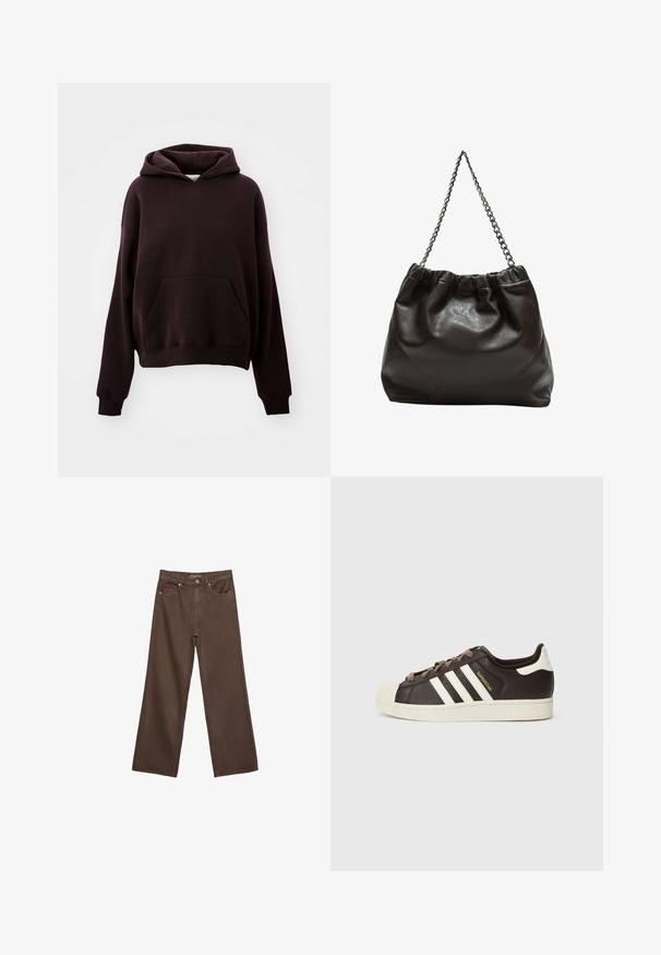 Temno rjava kapuca s prednjim žepom, širokimi rokavi in sproščenim krojem. Narejena iz strukturiranega bombažnega materiala.; Široke rjave kavbojke iz denima, ki imajo visok pas, sprednje žepe in klasično zapiranje na gumb. Gladka tekstura s subtilnim šivom.; Nizki adidas Superstar copat iz temno rjavega usnja s kremasto školjkasto konico, belimi črtami in napisom "Superstar" na strani.; Rjava usnjena torba z nabranim vrhom in verižnim trakom. Gladka tekstura z sijajno površino in subtilnimi šivi na straneh.