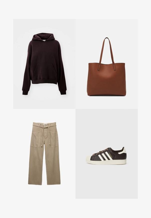 Tmavohnedá mikina s kapucňou, predným vreckom, širokými rukávmi a uvoľneným strihom. Vyrobená z texturovanej bavlny.; Béžové nohavice s širokými nohavicami vyrobené z odolnej textílie, s veľkými prednými vreckami, vrkočovým opaskom a diskrétnymi švovými detailmi.; Nízke tenisky Adidas Superstar z tmavohnedej kože s béžovou špičkou, bielymi pruhmi a nápisom „Superstar“ na boku.; Hnedá kožená taška na rameno s hladkou textúrou, otvoreným vrchom a dvoma ramenými popruhmi. Má minimálne šitia a žiadne viditeľné kovania.