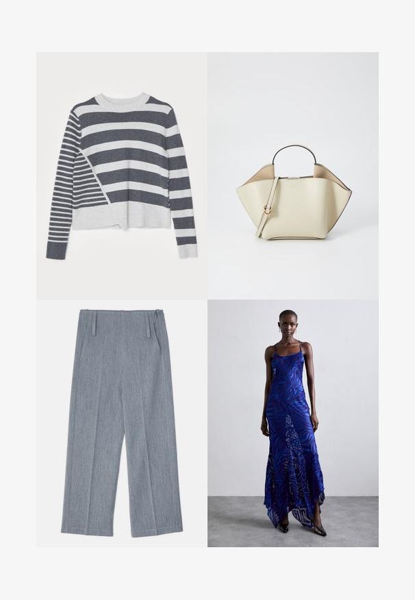 Dryžuotas megztinis su apvaliu kaklu, turintis tamsiai pilkų ir šviesiai pilkų horizontalias juostas, skirtingo pločio, ir švelnų tekstūrą.; Šviesiai pilkos, plačios kojų kelnės, pagamintos iš tekstūruoto audinio, su dviem priekinėmis klostėmis ir dviem šoninėmis kišenėmis. Tvarkingas, tikslais pritaikytas dizainas.; Mėlynas ir purpurinis gyvūnų rašto ilgas suknelė su plonomis petnešomis, prigludusia krūtinės dalimi, plačiu apvadu ir permatomais akcentais.; Ree Projects ANN - Rankinė - beige