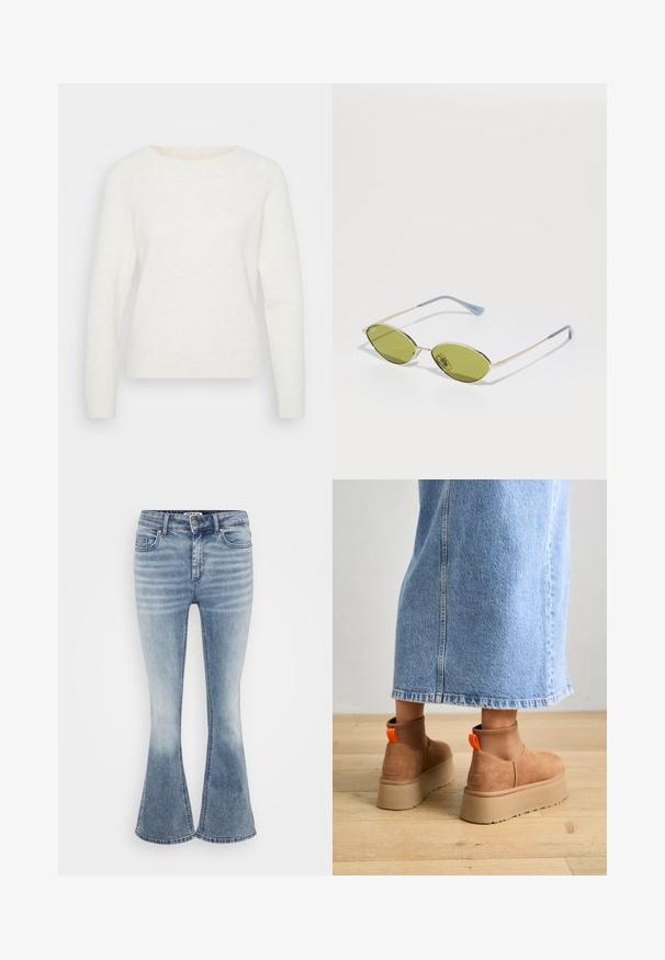 Balts adīts džemperis ar garām piedurknēm, apaļu kakla izgriezumu un ribotu apakšmalu. Mīksta tekstūra ar nedaudz pūkainu izskatu. Nav redzamu rakstu.; Even&Odd Petite 3 PACK - Tops ar garām piedurknēm - black/white/light green; Gaiši zili platā kāju džinsi, kas izgatavoti no denima, ar klasisku piecu kabatu dizainu, priekšējo rāvējslēdzēju un maigu izbalējumu gar augšstilbiem.; Brūni zamšādas platforma zābaki ar elastīgiem sānu paneļiem un oranžām cilpām, apvienoti ar līdz ceļgaliem garu gaišā denima svārku uz koka grīdas.; Olīvu zaļi saulesbrilles ar plānu zelta rāmi un zila akcenta kājām. Ovali lēcas un minimālisma dizains.