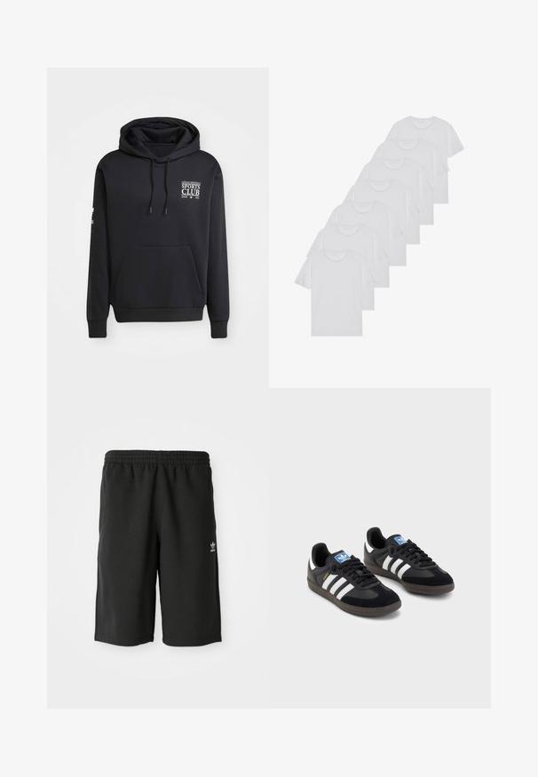 Črna puloverjak z kapuco, ki ima sprednji žep in logo "Adidas Originals Sports Club Since 1972" na prsih.; Beli bombažni T-majici, kratki rokavi, krožni izrez, enostavna tekstura, zloženi v vrsto, s subtilnim logotipom na vratu.; Črne bombažne kratke hlače z elastiko v pasu, stranskimi šivi in majhnim belim logotipom na levi nogi. Gladka tekstura, model do kolen.; Črne športne copate z zgornjim delom iz semiša in sintetičnih materialov, ki imajo tri bele črte, teksturiran gumijast podplat in modro označevalno oznako na jeziku.