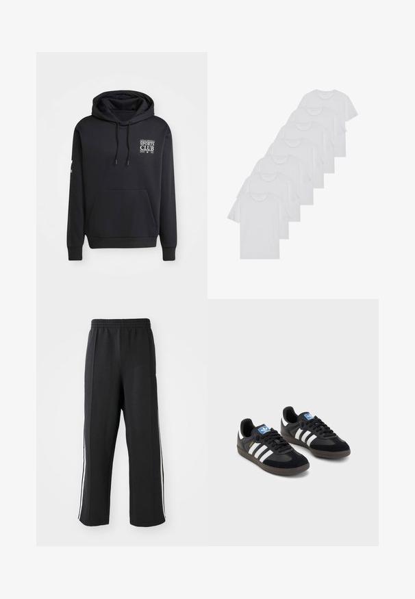 Sweatshirt preto com capucho, apresentando um bolso frontal e um logo que diz "Adidas Originals Sports Club Desde 1972" no peito.; T-shirts brancos de algodão, mangas curtas, design de gola redonda, com textura lisa, empilhados em fila, com uma marcação subtil na gola.; Calças de moletom pretas com um cós elástico, apresentando riscas laterais brancas e um corte descontraído. Feitas de um tecido macio e elástico.; Sneakers pretos com parte superior em camurça e sintético, apresentando três riscas brancas, sola de borracha texturizada e etiqueta azul no linguete.