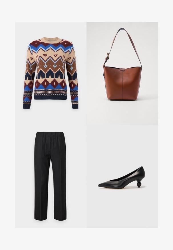 Weekend Max Mara PARIDE - Jumper - vinaccia; Black trousers with an elastic waistband, straight leg design, and no visible pockets. Smooth fabric with a matte finish.; Black leather high heel shoe with a pointed toe and a round, balled heel. Smooth texture with a sleek, minimal design.; Brown leather shoulder bag with a curved shape, smooth texture, and a single thin strap. Features a subtle seam and a small logo detail.