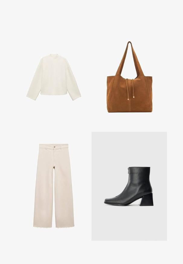 Bijela, teksturirana dukserica s visokim ovratnikom, spuštenim ramenima i dugim rukavima. Krojena dizajn s skraćenim oblikom i ravnim rubom te minimalnim šavovima.; Bež traperice širokih nogavica s visokim strukom, s kopčanjem na gumb, prednjim džepovima i strganim rubovima. Izrađene od trapera.; Crne kožne gležnjače sa četvrtastim vrhom, bočnim patentnim zatvaračem i blok petom na jednostavnoj svijetloj pozadini.; Smeđa antilop torba za ruke s dva duga remena, zatvaranje na vezicu i minimalistički dizajn. Glatka tekstura i bez vidljivih metalnih elemenata.