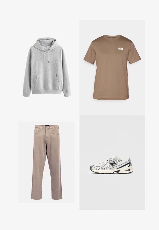 Grijze katoenen hoodie met een voorzak, verstelbare trekkoordcapuchon, ribgebreide manchetten en zoom. Soepele textuur, minimalistisch ontwerp, geen patronen.; Bruine korte mouw T-shirt van katoen met een ribbelboord aan de ronde hals. Voorzien van een klein wit logo op de linkerborst.; Beige straight-leg jeans van denim, met een klassiek vijf-pocket ontwerp, gestikte accenten en een nette zoomafwerking.; Witte en grijze sport sneaker met zwart "N" logo, mesh bovenwerk, gevoerde zool en vetersluiting, weergegeven op een effen lichtgrijze achtergrond.