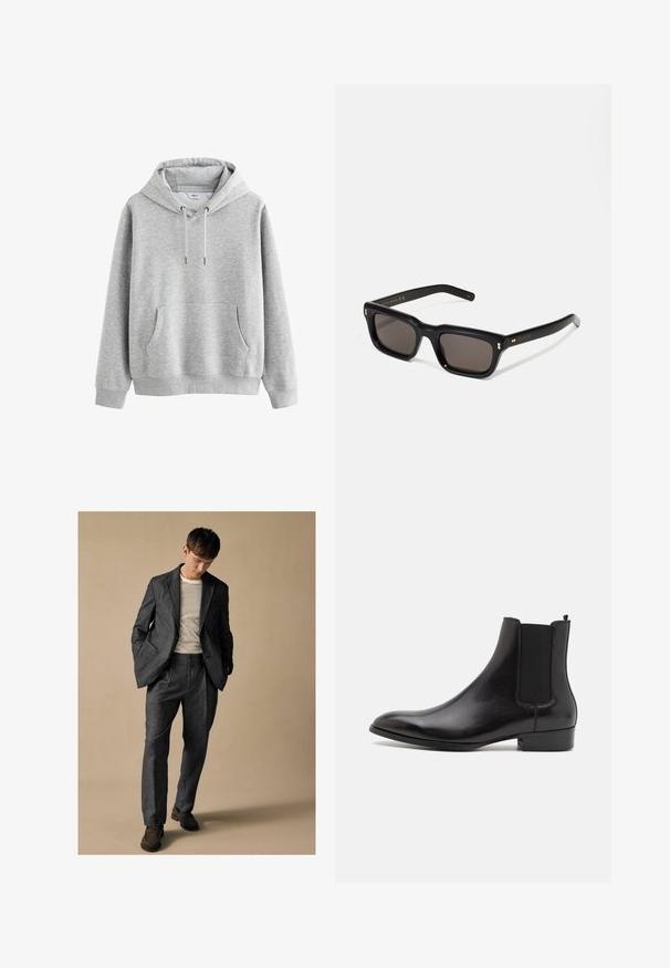 Sivá bavlnená mikina s kapucňou a predným vreckom, nastaviteľná kapucňa s šnúrkou, rebrované manžety a lem. Hladká textura, minimalistický dizajn, bez vzorov.; Šedý prispôsobený oblek s klopovými reverzami a prednými vreckami, spárovaný s pruhovanou košeľou. Nohavice majú voľný strih a detail záhybu. Hnedé topánky.; ALDO BERT - Klasické členkové čižmy - black; Čierne obdĺžnikové slnečné okuliare s tmavými sklami, hrubým plastovým rámom, zlatými detailami na spánkoch a vygravírovaným logom značky na ramene.