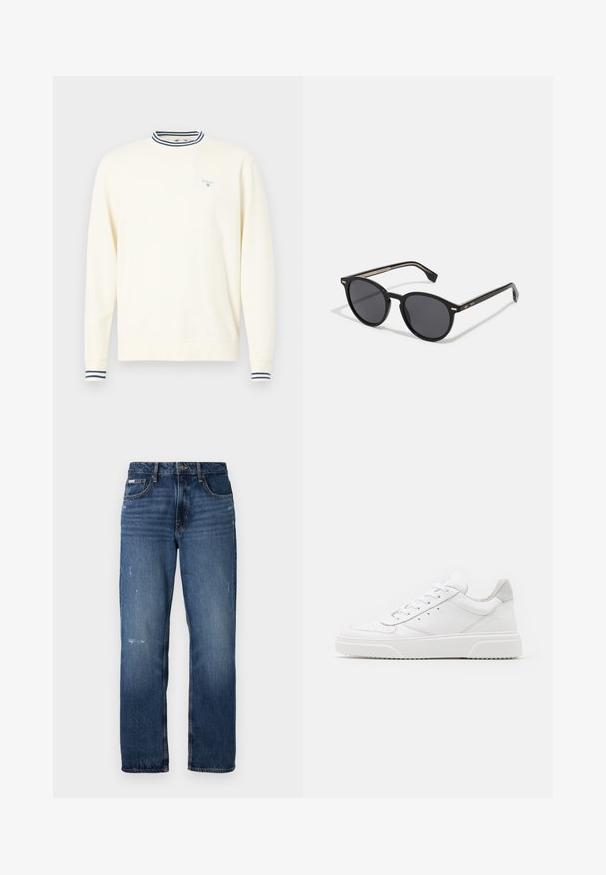 Cream-colored sweatshirt with long sleeves, striped navy and white ribbed collar and cuffs, featuring a small blue logo on the chest.; Blue denim jeans with a straight leg design. Features faded areas and light distressing on the front, with a classic button closure.; White leather sneakers with a smooth finish, rounded toe, flat laces, and a textured sole. Grey suede accent at the heel.; BOSS Sunglasses - black