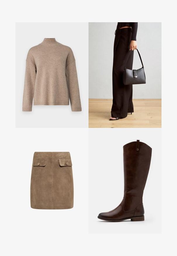 Selected Femme SLFCILLE - Pulover - irish cream/melange; Fustă mini din ante maro, cu o textură netedă, având două buzunare cu clapetă în față și închideri cu buton pe fiecare parte. Design simplu și drept.; Cizme maro până la genunchi, fabricate din piele netedă, cu vârful rotund, toc mic și o subtilă broderie pe laterale.; Genți negre cu o formă structurată, textură netedă și un închizător metalic. Asortată cu pantaloni negri largi și sandale cu vârf deschis pe un podea din lemn.