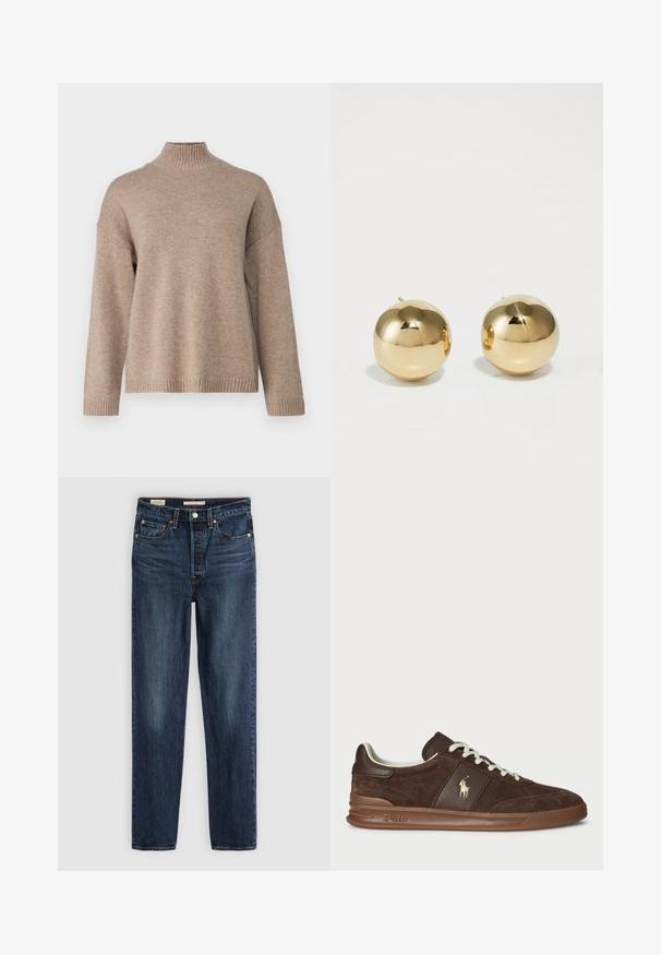 Selected Femme SLFCILLE - Maglione - irish cream/melange; Jeans dritti blu scuro con cinque tasche, chiusura a bottone e zip, e cuciture a contrasto.; Sneaker in suede marrone con pannelli testurizzati, lacci bianchi e logo dorato. Presenta una suola in gomma e un colletto imbottito per il comfort.; Orecchini a perno sferici in oro con finitura lucida e piccolo perno. Presentano una superficie liscia e riflettente.