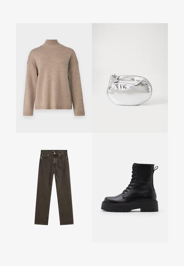 Selected Femme SLFCILLE - Pullover - irish cream/melange; Jeans droit marron foncé en denim, avec un design classique à cinq poches, des éléments en métal et des détails de couture visibles.; Bottines en cuir noir avec un bout rond, un laçage à l'avant et une épaisse semelle en caoutchouc dotée d'un motif texturé. Tirer au dos.; Pochette en métal argenté avec une forme douce et arrondie et un fermoir en haut noué. Fabriquée en simili cuir lisse.; Boucles d'oreilles en argent au design minimaliste. Forme circulaire, texture lisse et profil fin. Légères avec une finition polie.