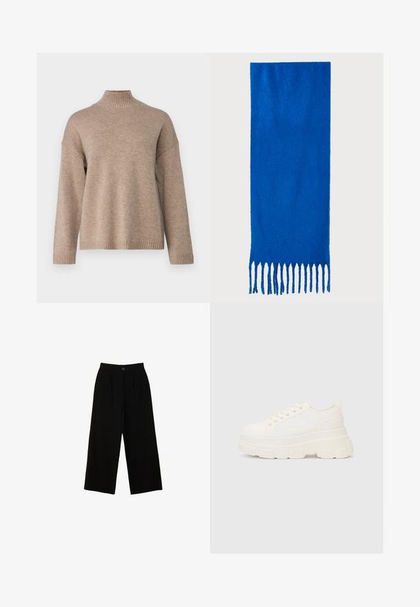 Selected Femme SLFCILLE - Vesta - irish cream/melange; Crne široke hlače izrađene od glatkog materijala, sa visokim strukom, prednjim nabranicima i jednim krojnim dugmetom pri vrhu.; Bijela platnena tenisica s debelim potplatom, zaobljenim vrhom i pet rupica za vezice. Stražnji tab za jednostavno obuvanje. Glatka tekstura, minimalistički dizajn.; Plava šal od mekog materijala; sadrži jednobojnu boju s teksturiranom površinom i ravnomjerno rezanim resicama na dnu.; Crna kožna torba s strukturiranim dizajnom, gornjom drškom i zlatnim metalnim kopčanjem na prednjoj strani. Glatka tekstura, minimalno šivanje.