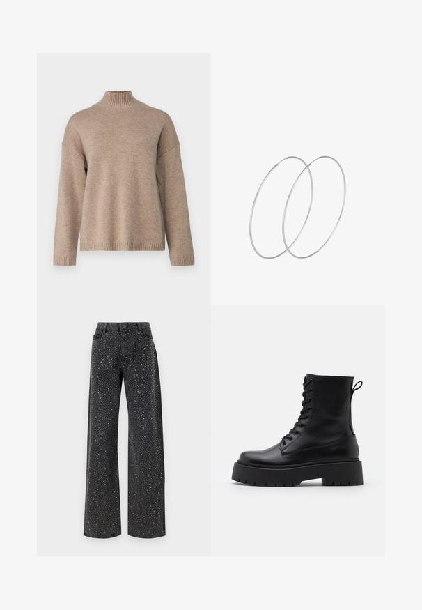 Selected Femme SLFCILLE - Vesta - irish cream/melange; Noisy May NMJANNEL LOOSE - Traperice opuštenog kroja - black denim; Crne kožne gležnjače s okruglim vrhom, vezanjem sprijeda i debelim gumenim potplatom s teksturiranim uzorkom. Tipa: traka za vuču na stražnjoj strani.; Srebrne okrugle naušnice s minimalističkim dizajnom. Kružni oblik, glatka tekstura i tanak profil. Lagane s poliranim završetkom.