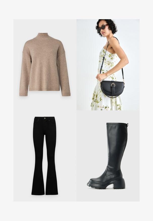 Selected Femme SLFCILLE - Strikkegenser - irish cream/melange; Sorte høytlivsjeans med knapp og glidelås, frontlommer og utsvingte bein liggende flatt på en hvit bakgrunn.; Høy svart lærstøvel med chunky plattformsåle og blokkhelt, med trekkstang og teksturert mønster på yttersålen.; Svart lærveske med en buet form, avtagbar stropp og gullbeslag. Vesken har et klaff med spenne-detall.