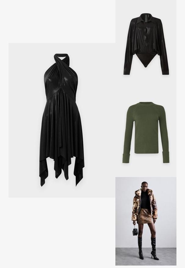 MAX&Co. CANOSSA - Strickpullover - gruen; Schwarzes Halsbandkleid mit einem drapierten Design. Hergestellt aus glänzendem Material, mit einem verdrehten Ausschnitt und asymmetrischem Saum. Glatte Textur.; Schwarzer Body mit langen Ärmeln, V-Ausschnitt und figurnaher Silhouette. Hergestellt aus glänzendem, glattem Stoff mit einem strukturierten Kragen und Manschetten.; Puffermantel mit einem braunen und schwarzen Muster, kombiniert mit einem mini Rock in Schlangenoptik in Braun, schwarzen kniehohen Stiefeln und einer kleinen schwarzen Tasche.