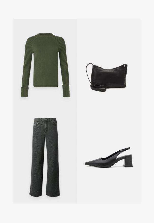 MAX&Co. CANOSSA - Jumper - gruen; Wide-leg jeans in dark gray denim, featuring a subtle zebra-pattern texture, contrast stitching, and five-pocket design with a button fly.; Black leather slingback heeled shoe with a pointed toe and a chunky block heel. Features an adjustable strap with a metal buckle.; Black leather shoulder bag with a smooth texture, curved shape, adjustable strap, and a zip closure. Minimalist design without embellishments.