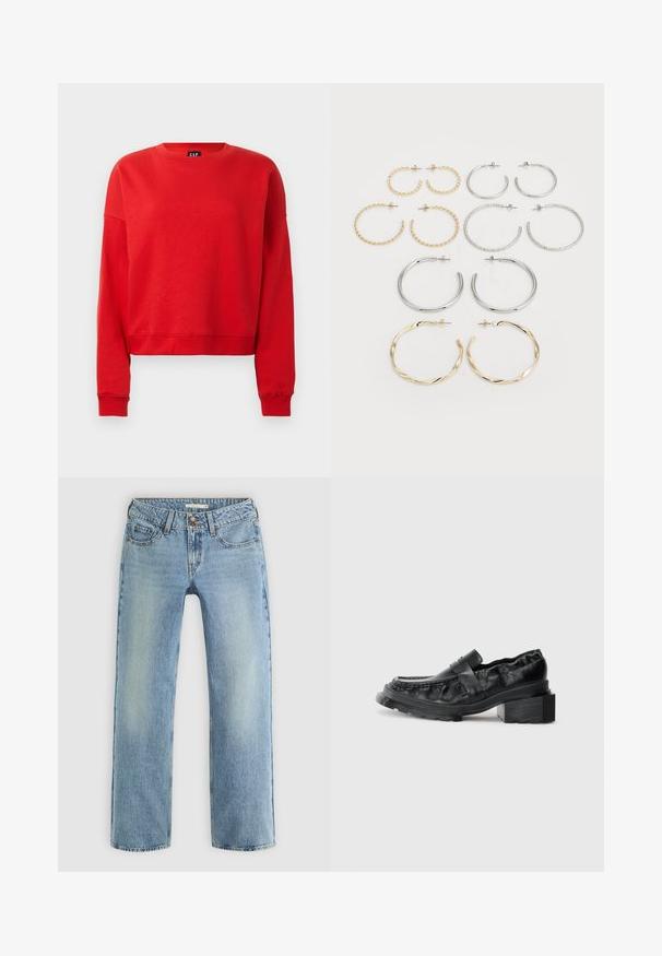 Rdeč pulover iz mehkega blaga, z okroglim izrezom, dolgimi rokavi in skrajšanim krojem z rebrastimi manšetami.; Dva dolgoročna zgornja dela. Ena bela in ena črna, oba iz lahkega bombaža z širokim čolnastim izrezom in ozkim krojem.; Svetlo modri ravni jeansi iz denima, z gumbnim zapiranjem, petimi žepi in subtilnim zbledelostjo vzdolž nog.; Črne usnjene loferice s strukturirano podplatom, ki imajo nekoliko dvignjen blok peto in teksturirano zgornji del, zavarovane s sprednjim pasom.; Set dvanajstih uhvorov v srebrnih in zlatih odtenkih. Vključuje zvite, gladke in teksturirane modele v različnih velikostih in končnih obdelavah.