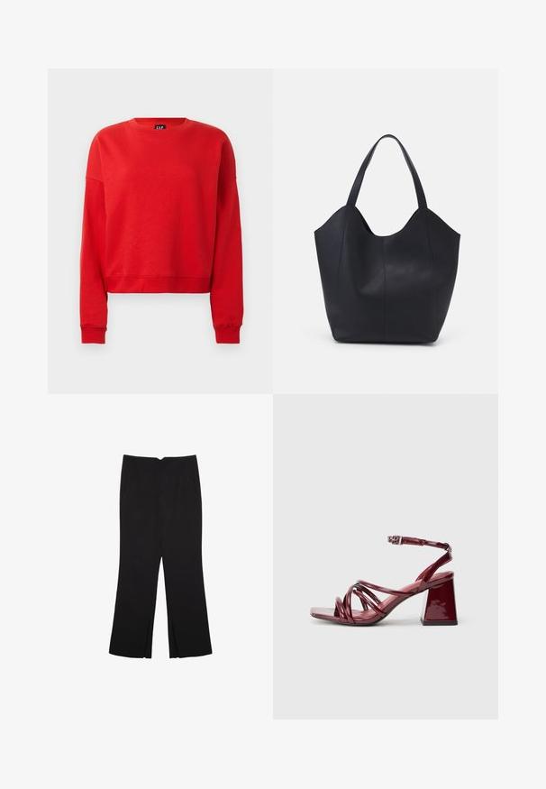 Felpa rossa a maniche lunghe con scollo rotondo, polsini e orlo a coste, vestibilità leggermente accorciata e etichetta GAP all'interno del collo.; Pantaloni neri a gamba dritta, con tasche frontali e spacchi laterali all'orlo. Realizzati in tessuto morbido e liscio. Adatti a diverse occasioni.; Sandali con tacco in vernice borgogna con punta quadrata, caratterizzati da più cinturini intrecciati e un tacco a blocco robusto. Cinturino alla caviglia regolabile.; Borsa tote nera realizzata in pelle liscia, con una parte superiore curva e aperta, dotata di due manici per spalla e un design minimalista.