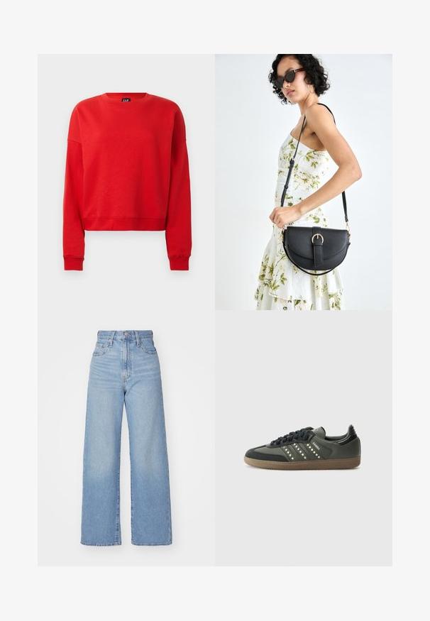 Red long-sleeve crewneck sweatshirt with ribbed cuffs and hem, slightly cropped fit, and GAP label inside the neckline.; Light blue high-waist wide-leg jeans with front button and zip closure, front and back pockets, on a white background.; adidas Originals SAMBA OG - Trainers - core black/legend earth/gum; Black leather handbag with a curved shape, detachable strap, and gold hardware. The bag features a flap with a buckle detail.