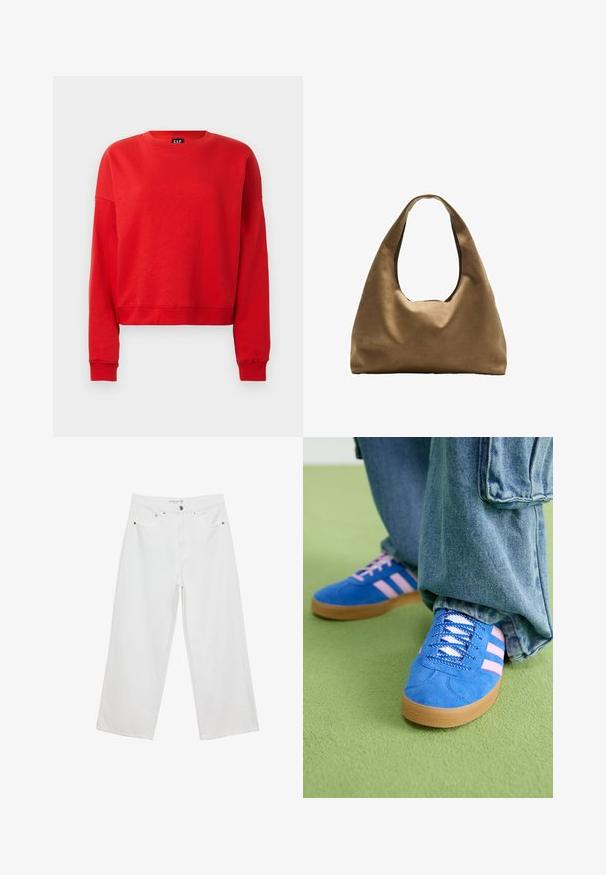 Rdeča dolgاح majica s kratkimi rokavi in ribanim robom ter obodom, nekoliko skrajšana oblika in oznaka GAP znotraj izreza vratu.; Bele široke hlače iz denima, visoke pasu, z petimi žepi in kovinskimi dodatki. Gladek tekstur, brez vidnih vzorcev.; Modri semiš čevlji z rožnatimi črtami in belimi vezalkami, z gumijastim podplatom, v kombinaciji z ohlapnimi jeans hlačami na zeleni površini.; Brahna torba preko rame iz rjave tkanine s širokim, zaobljenim tijelom i velikim izrezanim ručkom. Meka tekstura, minimalistički dizajn i bez vidljivih metalnih dijelova.