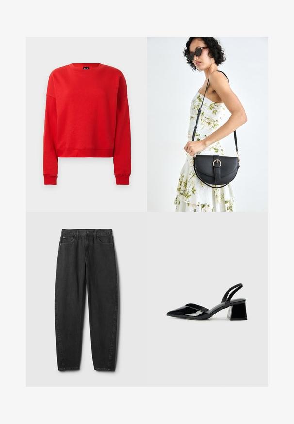 Felpa rossa a maniche lunghe con scollo rotondo, polsini e orlo a coste, vestibilità leggermente accorciata e etichetta GAP all'interno del collo.; Jeans di denim nero con taglio a gamba dritta, dotati di cinque tasche, chiusura con bottone e dettagli di cucitura minima. Design e tessuto classici.; Décolleté in vernice nera con punta affusolata e tacco in geometria cubica. Presentano un design elegante e minimalista, con una texture liscia.; Borsa a tracolla nera in pelle con una forma curva, manico rimovibile e accessori dorati. La borsa presenta una patta con un dettaglio a fibbia.