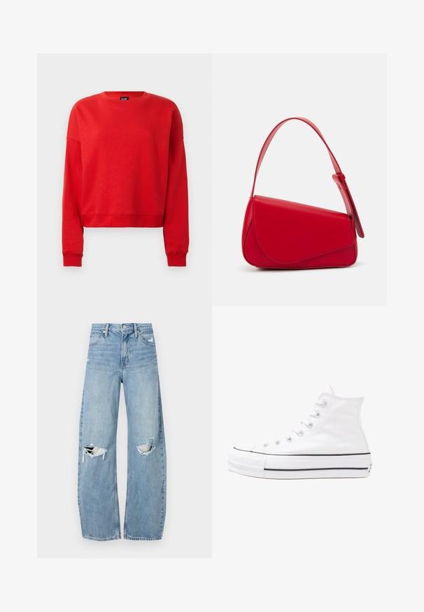 Sarkans garo piedurkņu džemperis ar ribotām aprocēm un apakšmalu, nedaudz īsāks piegriezums un GAP etiķete kaklā.; Gaiši zili, augstās vidukļa džinsi, kas izgatavoti no denima. Iespējas plašas kājas, divas plēstas ceļa daļas un klasiskā piecu kabatu dizains.; Balti augstie kanvas sporta apavi ar melnu gumijas zoli, priekšējo gumijas purngalu un sešām acīm lencēm, kuriem ir tīrs, minimālistisks dizains.; Sarkans ādas rokassomi ar stūrainu, ģeometrisku dizainu. Iekļauj vienu regulējamu siksnu un vāku ar izšūtu detaļu.