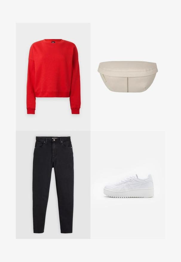 Felpa rossa in morbido tessuto, con scollo rotondo, maniche lunghe e design cropped con polsini a costine.; Jeans neri slim fit con chiusura a bottone e zip, design a cinque tasche e passanti per cintura su uno sfondo grigio chiaro.; Sneaker piattaforma bianche con texture in pelle liscia, dettagli perforati e lacci piatti; presenta una robusta suola in gomma bianca.; Pochette in tessuto beige dalla forma arrotondata, con parte superiore piatta e dettagli di cucitura sottili. Include un logo minimalista e una strap laterale.