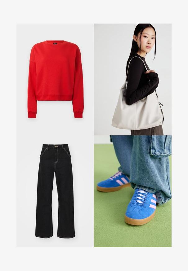 Hanorac roșu cu mâneci lungi, tip crewneck, cu manșete și tiv din tricot, cu un croi ușor scurtat și eticheta GAP în interiorul gâtului.; Jeans negri, cu pantaloni evazați, din denim, caracterizându-se prin cusături albe contrastante și închidere cu un nasture în față, având două buzunare frontale înclinate.; Pantofi din piele întoarsă albaștri cu dungi roz și șireturi albe, având o talpă din cauciuc gumat, asortați cu pantaloni din denim largi pe o suprafață verde.; Geantă bej din material moale, cu un design lejer, detalii cusute și două bretele pentru umăr. Potrivită pentru utilizarea zilnică.
