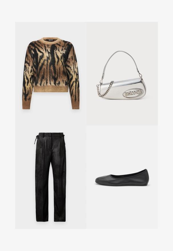 Braun und schwarzes Tierdruck-Sweatshirt mit Rundhalsausschnitt, langen Ärmeln und weichem, strukturiertem Strickstoff. Verkürztes Design.; Schwarzes Langarm-Crop-Top aus strukturiertem Stoff, mit tailliertem Design und gerafften Details an der Brust.; Schwarze, hoch geschnittene Hose aus strukturiertem Material. Merkmale sind ein gerader Beinverlauf, Falten und ein verstellbarer Kordelzug in der Taille.; Schwarze Leder-Ballettschuhe mit abgerundeter Spitze, glatter Textur, minimalen Nähdetails und einem flexiblen Sohlen-Design.; Silberne metallische Handtasche mit einer abgerundet dreieckigen Form, ausgestattet mit einem Logo, einer Kettenriemen und einer glatten Textur. Reißverschluss an der Seite.