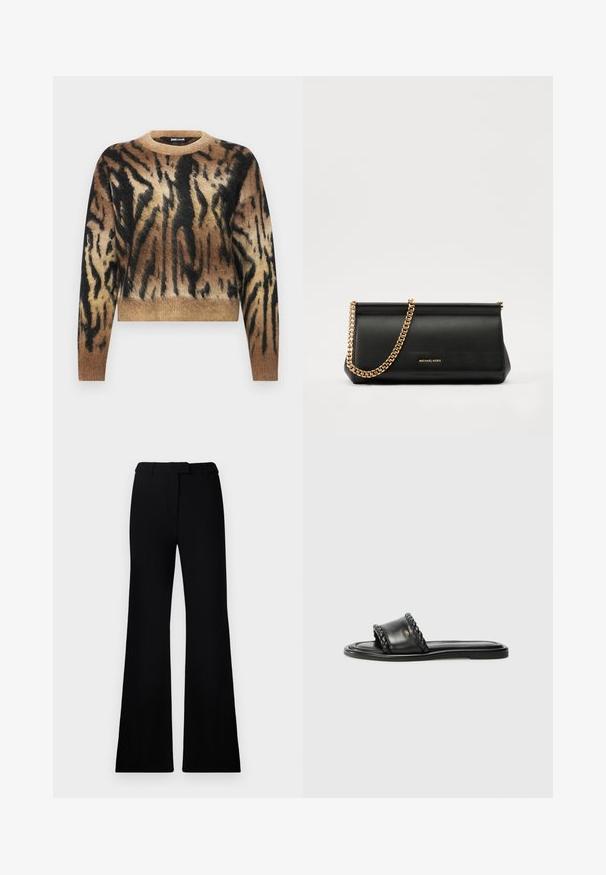 Ruskea ja musta eläinkuosilla varustettu neulepaita, jossa on pyöreä kaula-aukko, pitkät hihat ja pehmeä, tekstuurinen neuloskangas. Lyhyt malli.; Mustat levenevät housut, joissa on sileä pinta, muotoiltu vyötärö ja etutaskut, jotka on suunniteltu nykyaikaiseen ja sulavaan siluettiin.; Mustahiilikos sliparite nahast sandaal, millel on punutud rihmad, lame tald ja stiilne disain. Sile tekstuur ja minimalistlik profiil.; Musta nahkainen clutch-laukku, jossa on kultaketju, sileä pinta, suorakulmainen muoto ja kohokuvioitu brändimerkintä edessä.