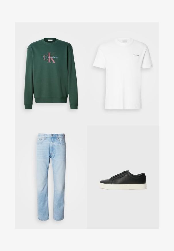 Sudadera verde con cuello redondo, mangas largas y un estampado gráfico que muestra "Calvin Klein" y el prominente logo "CK" en colores contrastantes.; Camiseta de algodón blanca con mangas cortas y un escote en forma de cuello redondo. Presenta un pequeño logotipo negro de "Calvin Klein" en el lado izquierdo del pecho.; Vaqueros de mezclilla azul claro con corte recto, con secciones desgastadas, diseño de cinco bolsillos y cierre de botones clásico.; Zapatillas de cuero negro con textura perforada, puntera redonda y suela plana de goma blanca. Presenta cordones negros y un logo sutil en el costado.