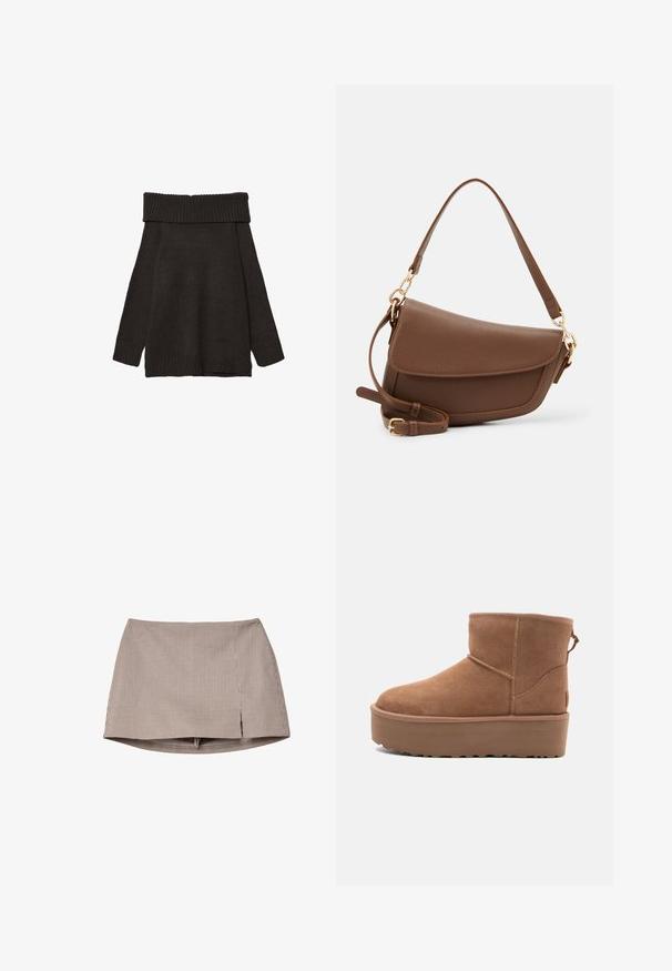 Stradivarius EXPOSED SHOULDER - Neule - brown; Ruskea ja valkoinen pieni ruudullinen minihelma, jossa on etuaukko, esitetty litteänä valkoista taustaa vasten.; Tan suede nilonini kidogo chukua na sahani ya jukwaa, mguu wenye umbo la duara, na mapambo ya kushona; inajumuisha kipande cha kubana nyuma kwa kuvaa kwa urahisi.; Ruskea nahkainen olkalaukku, jossa on teksturoitu pinta, kaareva muoto, kultasävyinen metalliosat, säädettävä hihna ja läppäkiinnitys.