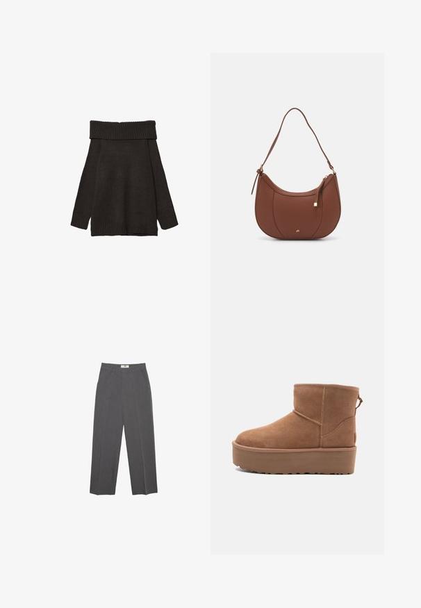 Stradivarius EXPOSED SHOULDER - Neule - brown; Harmaat suorat housut, jotka on valmistettu teksturoidusta kankaasta, keskikorkea vyötärö, vyölenkit ja sivutaskut. Ei näkyviä kuvioita tai koristeita.; Tan suede nilonini kidogo chukua na sahani ya jukwaa, mguu wenye umbo la duara, na mapambo ya kushona; inajumuisha kipande cha kubana nyuma kwa kuvaa kwa urahisi.; Ruskea keinonahkainen olkalaukku, jossa on kaareva muoto, minimaalinen ompelu ja kultasävyinen varuste. Varustettu ylhäältä avautuvalla vetoketjullisella suljennalla ja säädettävällä hihnalla.