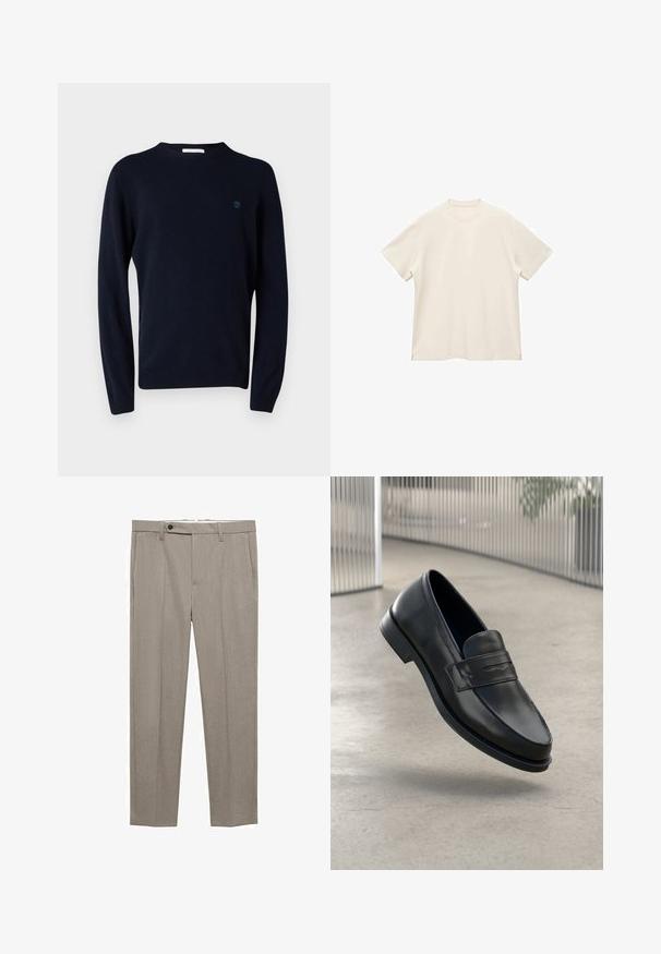 Granatowy, dziany sweter z długimi rękawami, okrągłym dekoltem i małym logo na piersi. Gładka textura i dopasowany krój.; Koszulka z krótkim rękawem, okrągłym dekoltem, w miękkim, kremowym kolorze, z gładką fakturą i bocznymi rozcięciami dla luźniejszego kroju.; Beżowe dopasowane spodnie o gładkiej fakturze, prostym kroju i pojedynczym zapięciem na guzik z przodu. Posiadają kieszenie boczne i czysty dół.; Czarna skórzana wsuwana półbut, o gładkiej fakturze, spiczastym nosku i ozdobnym paskiem na podbiciu. Lekka podeszwa, minimalistyczny design.
