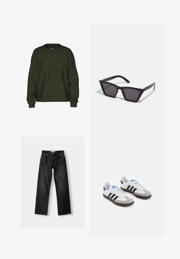 Felpa verde oliva con scollo rotondo, spalle scese e polsini a coste. Presenta un design semplice e con una texture morbida.; Bershka Jeans a sigaretta - mottled dark grey; Scarpe sportive con tomaia in pelle bianca, punta in suede grigia e tre strisce nere. Presentano un logo blu sulla linguetta e una suola in gomma testurizzata.; Occhiali da sole neri e angolari con lenti grigie; realizzati in plastica, con aste spesse dalla superficie liscia e senza hardware visibile.