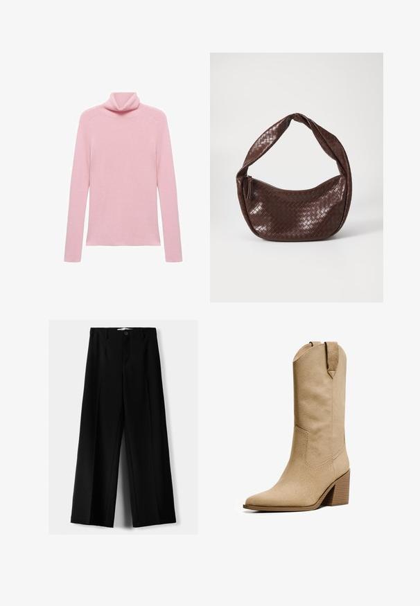 Rosa långärmad ribbade tröja med en vikt hög krage, uppvisad liggande på en vit bakgrund.; Svarta vida byxor i lätt material, med knappstängning fram och platt front, samt väl sydda fållar.; Bershka HIGH-HEEL - Cowboy- / Bikerboots - beige; Brun vävd läderhandväska med ett böjt, knutet handtag och en dragkedjestängning. Slät textur och rundad form.