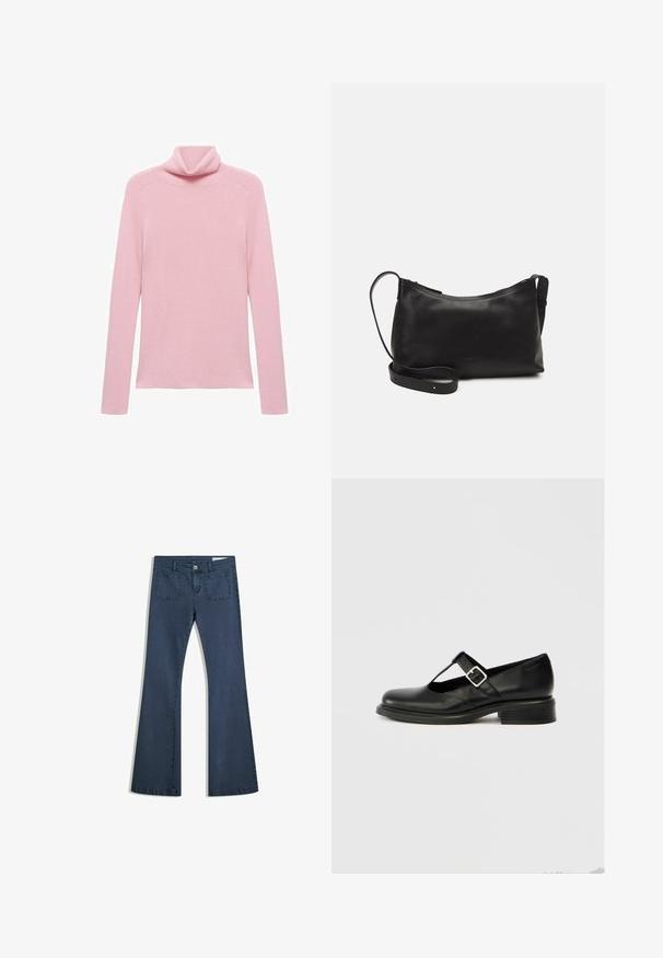 Rosa långärmad ribbade tröja med en vikt hög krage, uppvisad liggande på en vit bakgrund.; Mörkblå utsvängda jeans i denim med sydda fickor, knappstängning och en slät yta. Har en klassisk femfickedesign.; Svart skinnsko i Mary Jane-stil med rund tå, T-rem, justerbart spänne och en låg klack. Slät yta med minimala detaljer.; Svart läder axelväska med en slät yta, rundad form, justerbar rem och dragkedjestängning. Minimalistisk design utan utsmyckningar.