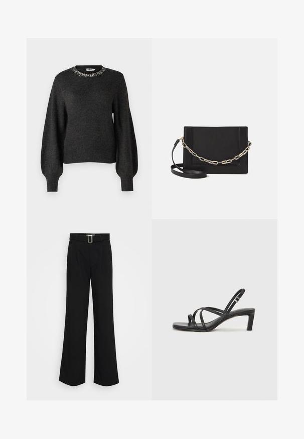 ONLY Tall ONLELSA - Pullover - dark grey; Pantalons larges noirs en tissu léger, présentant une texture lisse, des plis avant et une ceinture avec une boucle en métal carrée.; Sandale noire à lanières avec un bout carré et un petit talon bloc. Elle présente plusieurs fines lanières et une sangle de cheville ajustable. Fabriquée en cuir lisse.; Sac bandoulière en cuir noir avec une texture lisse, de forme rectangulaire et un détail en chaîne métallique à l'avant. Sangle réglable incluse.