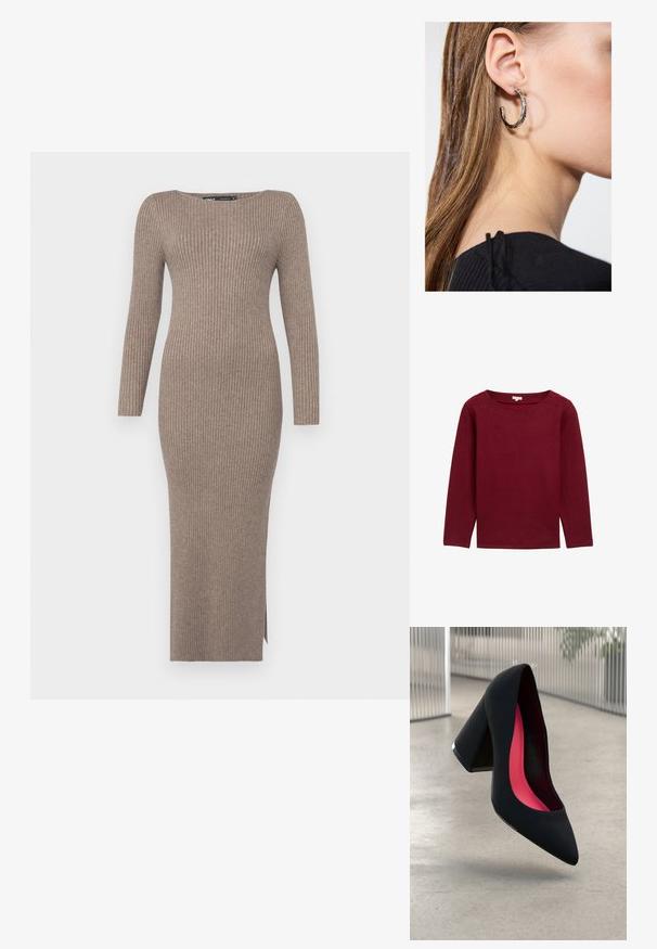 TOM TAILOR MIT KNOPFDETAILS - Džemperis - deep red melange; Ribota megzta suknelė nuobodus taupe spalvos, su ilgomis rankovėmis, plačiu kaklu ir šoniniu išpjaustymu, kad būtų patogu judėti.; Juoda aukštakulnė bateliai su aštriu priekeliu ir tekstūruotu viršumi. Viduje ryškiai rožinė pamušalas. Kvadratinis kulnas su metaliniu akcentu pado pagrinde.; Juodas rankinė struktūrizuota forma, lygi tekstūra ir metalinis užsegimas. Suporuota su plačiomis juodomis kelnėmis ir atvirais bateliais ant medinių grindų.; Sidabrinė lankinė auskarai su poliruotu paviršiumi, turintys mažus auksinius akcentus ir apvalią formą, dėvimi ant ausies kaušelio.